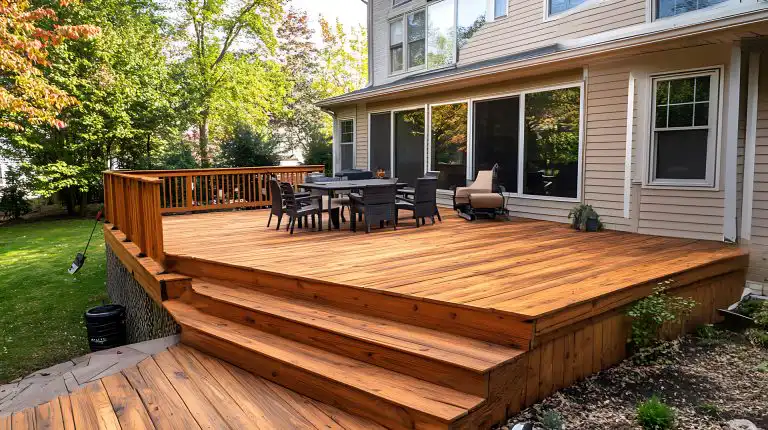 CF Framing project featuring the wood deck in the backyard of a home in Southwestern Ontario. CF Framing is a local family run business of house framing contractors in Southwestern Ontario specializing in new homes, additions, and structural framing for renovation projects.
